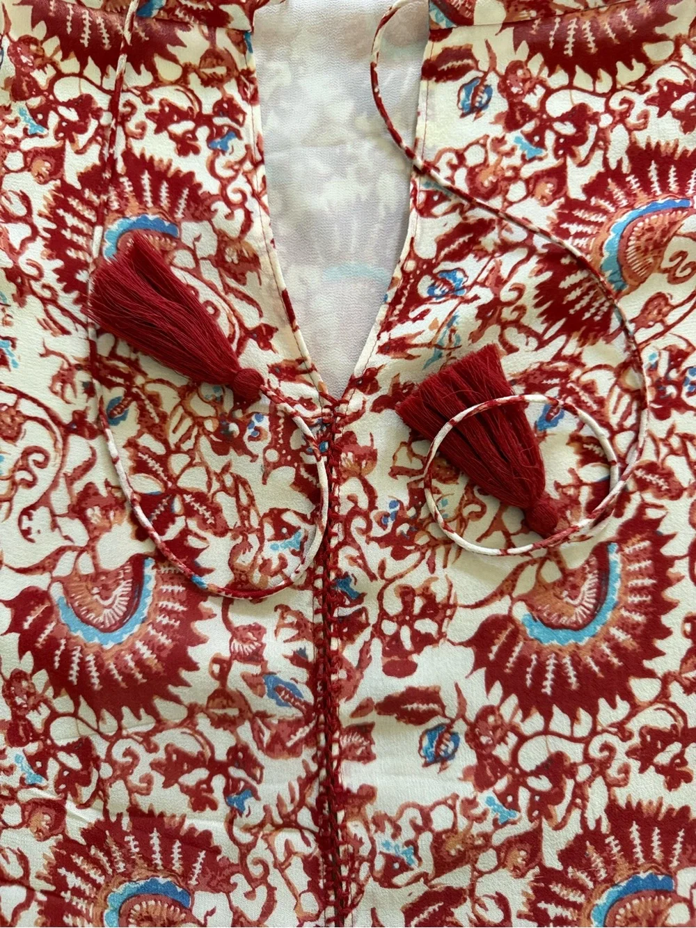Tory Burch Danika Silk Boho Floral Tassel Tie Neck Tunic Blouse Size 4 Peasant